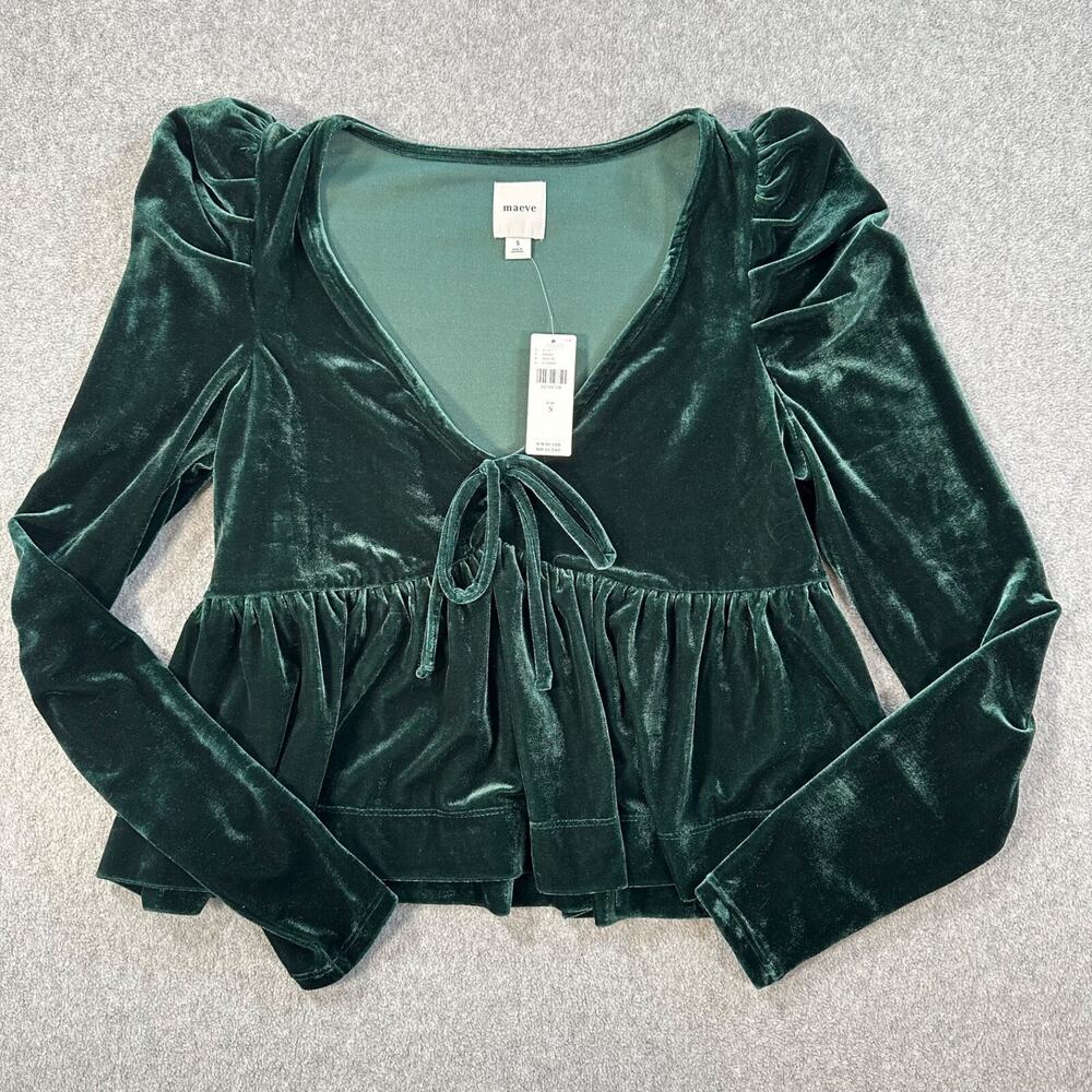 Maeve Anthropologie Velvet Babydoll Top Women's Small Green V-Neck New